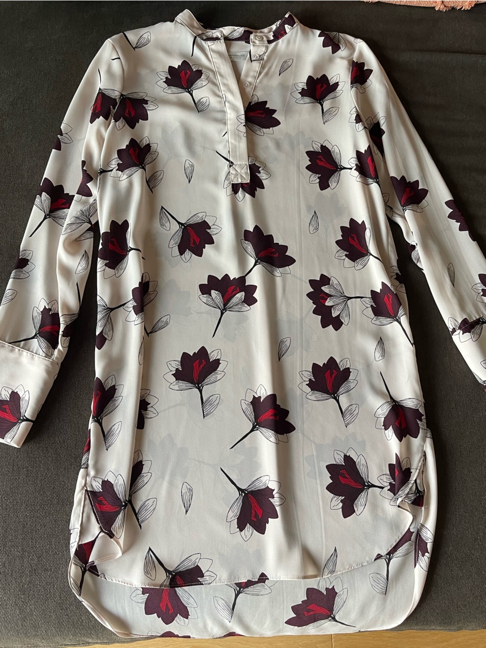 Cream Long-Sleeve Floral Tunic Dress with Burgundy Accents